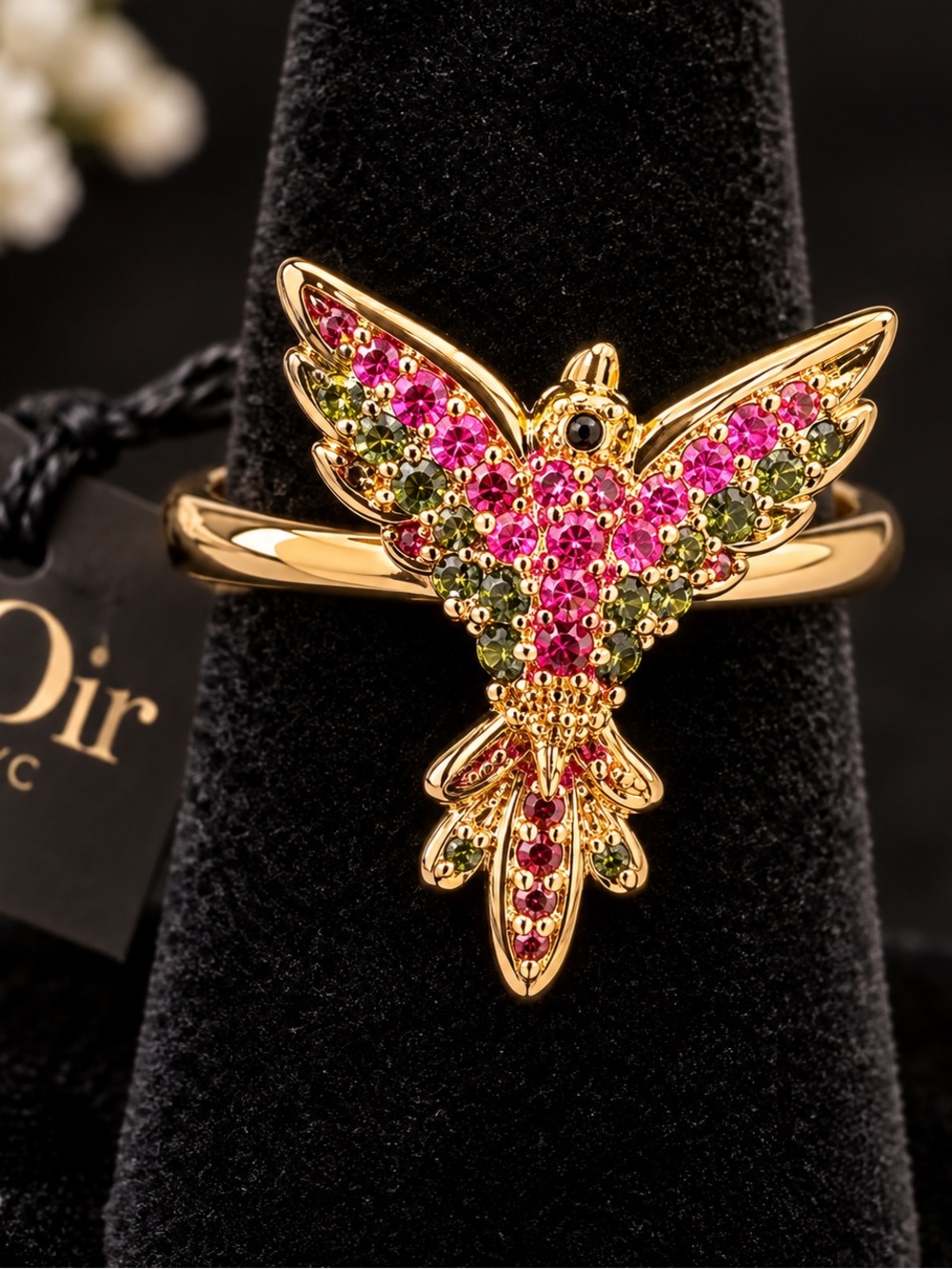 nOir NYC Crystal Hummingbird Statement Ring Pink Green Gold Size 7